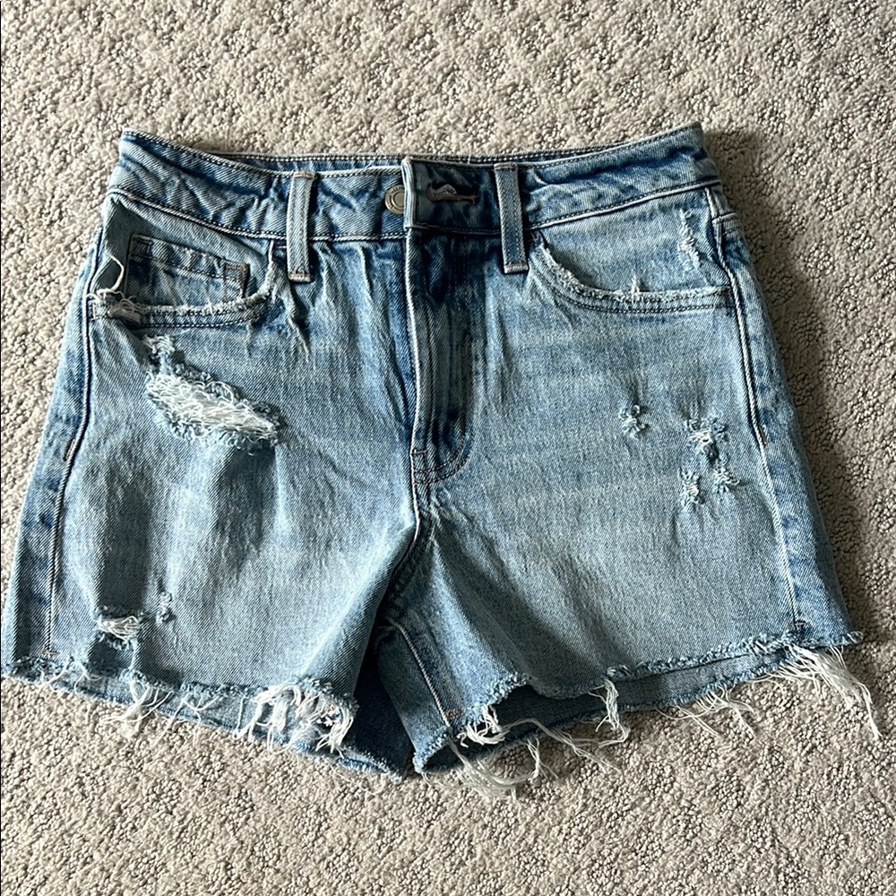 Blue Jean Shorts with Frayed Hem and Distressed Details